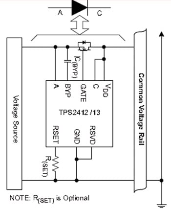 In conjuction with an external N-channel MOSFET TI’s ORing controller TPS2412/13